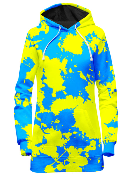 Big Tex Funkadelic - Yellow and Blue Paint Splatter Hoodie Dress