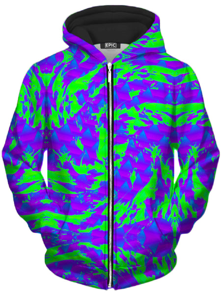 Big Tex Funkadelic - Green and Purple Hypno Splatter Unisex Zip-Up Hoodie