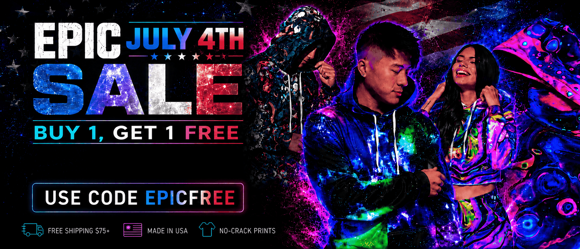 $20 off all hoodies — limited time, use code EPICDEAL. Free shipping $75+, made in USA, no-crack prints.