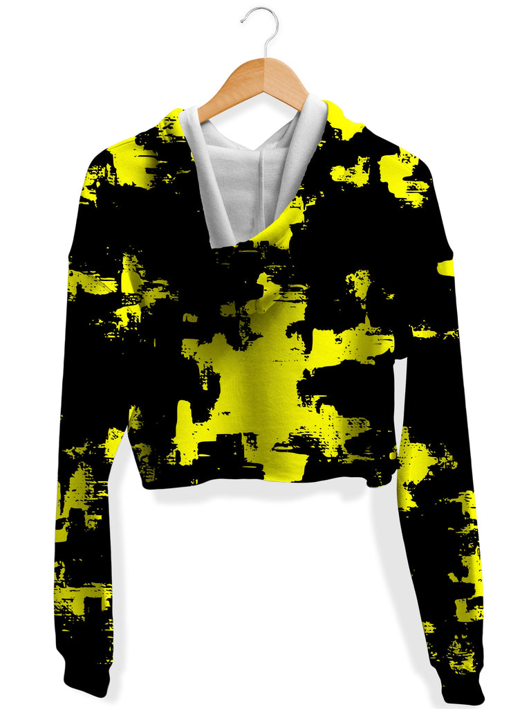 Black and Yellow Abstract Fleece Crop Hoodie
