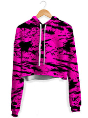Pink and Black Rave Glitch Splatter Fleece Crop Hoodie