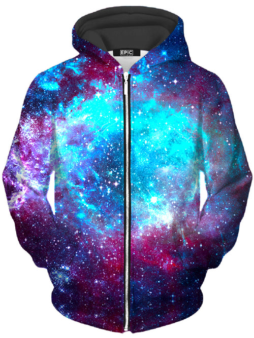 Blue Galaxy Unisex Zip-Up Hoodie On Cue Apparel Epic Hoodie