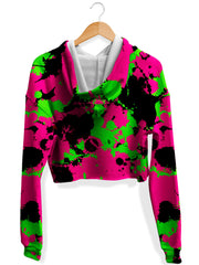Pink Black and Green Paint Splatter Fleece Crop Hoodie