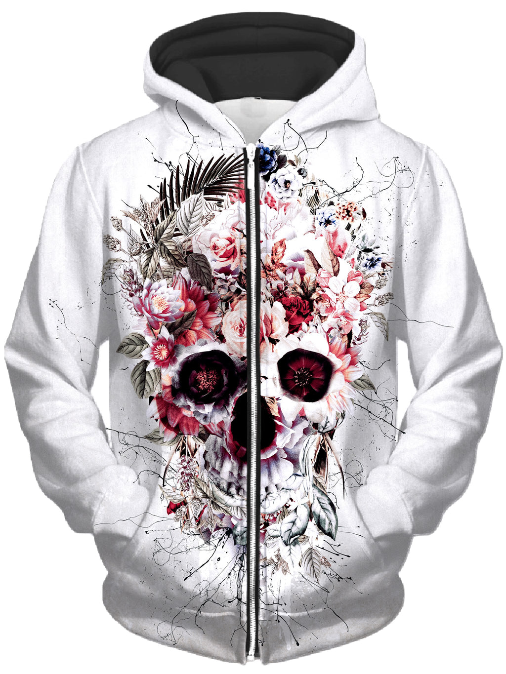 Floral Skull Unisex Zip-Up Hoodie, Riza Peker, T6 - Epic Hoodie